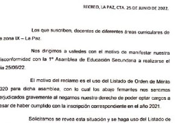 Docentes secundarios de La Paz disconformes con la Junta de Clasificación