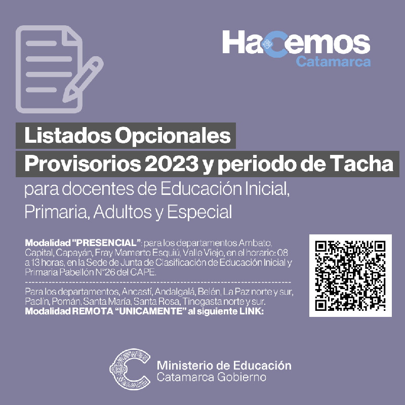 Listados opcionales provisorios 2023 y periodo de Tacha para docentes de Educación Inicial, Primaria, Adultos y Especial